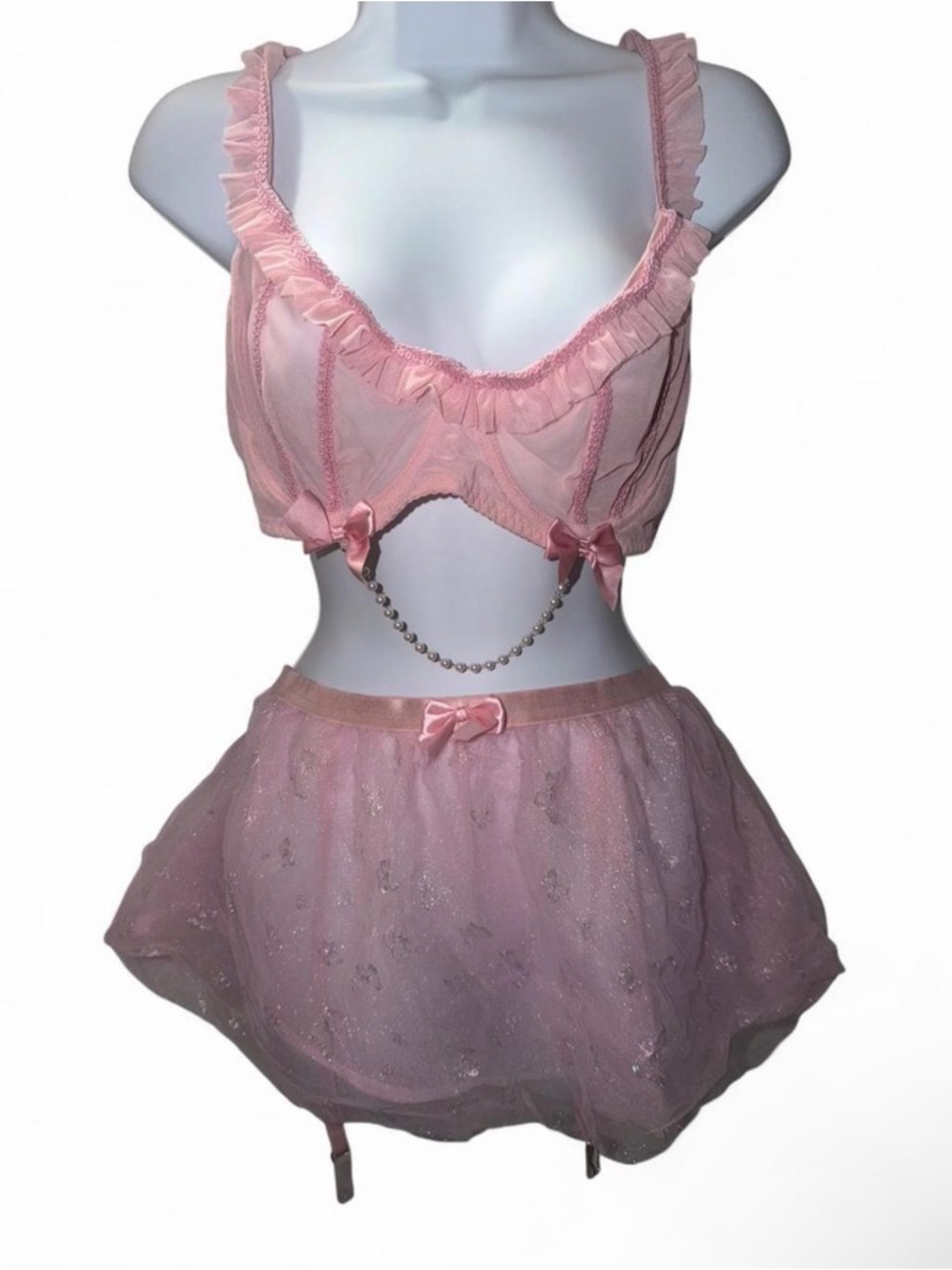 Sheer Pink Ruffle Bralette and Skirt Lingerie Set
